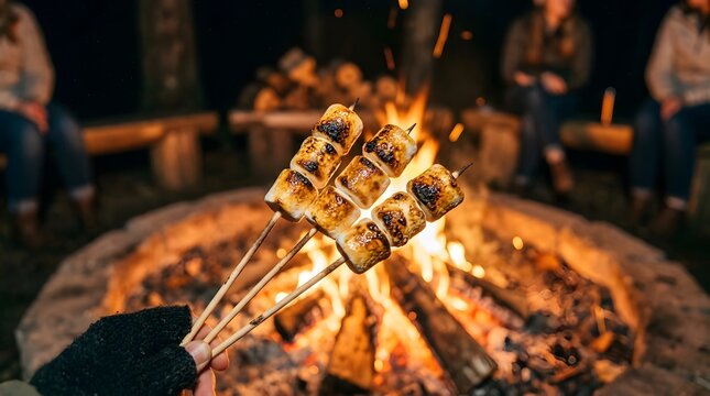 Close-up of marshmallows roasting over campfire flames, golden-brown toasted sweets on skewers for outdoor dessert cooking, perfect for national toasted marshmallow day