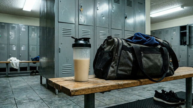 Protein shake and gym bag on bench in locker room with training, exercise