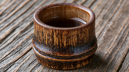 Fototapeta premium A ceramic cup filled with green tea on a rustic wooden table with bamboo decorations.