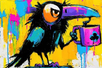 Fototapeta premium Grumpy black bird holding pink coffee mug, vibrant yellow background, urban street art