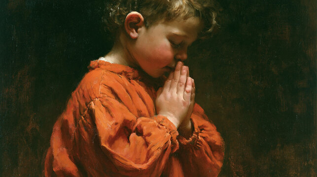 A digital oil painting of a young toddler wearing a red shirt, with hands clasped together in quiet prayer or hope against a dark, textured background.