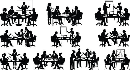 Obraz premium Business meeting and teamwork silhouettes set with office collaboration and corporate communication designs