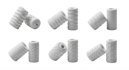 Fototapeta premium various patterned white cylindrical objects leaning on others arranged on a white background potentially for product demonstrations