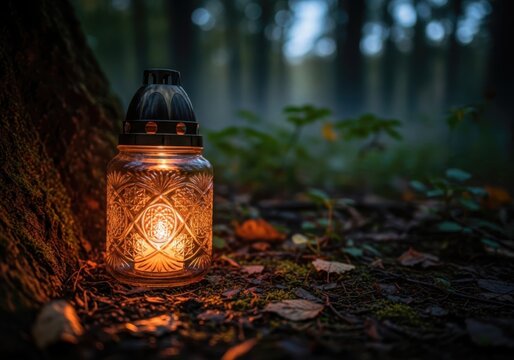 A glowing memorial candle in a dark forest