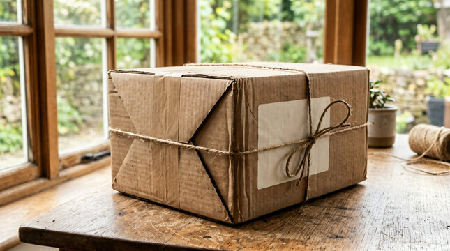 Cardboard delivery package tied with string on rustic table delivery cardboard