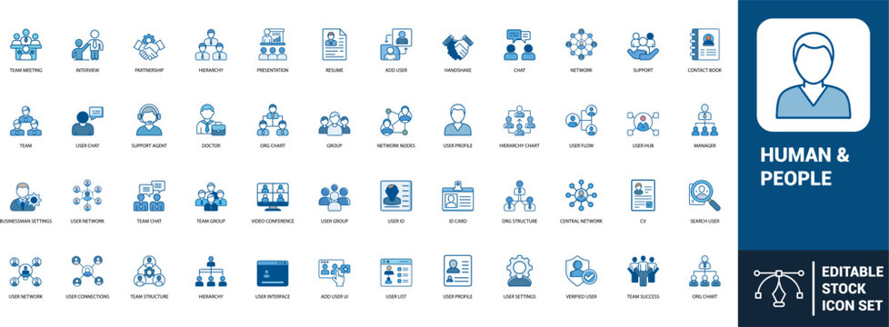 Human people line art icons set team meeting, interview, partnership, hierarchy, presentation, resume, add user, handshake, chat, network, Web icon, App icon, Outline icon, Editable stroke, line art, 