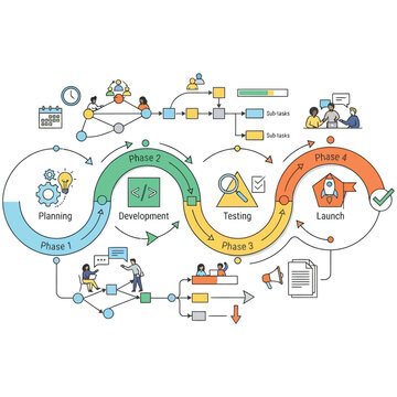 Software development life cycle infographic with four distinct phases, software