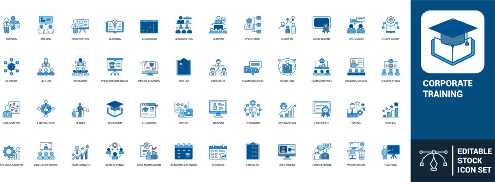 Corporate training line art icons set training, meeting, presentation, learning, classroom, seminar, growth, achievement, discussion, study group, Web icon, App icon, Outline icon, Editable stroke, li