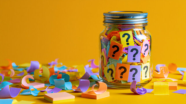 A glass jar filled with colorful sticky notes featuring question marks, with more scattered around it on a yellow background representing curiosity and FAQ.