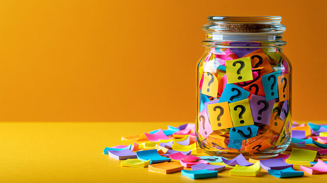 A glass jar filled with colorful sticky notes featuring question marks, with more scattered around it on a yellow background representing curiosity and FAQ.