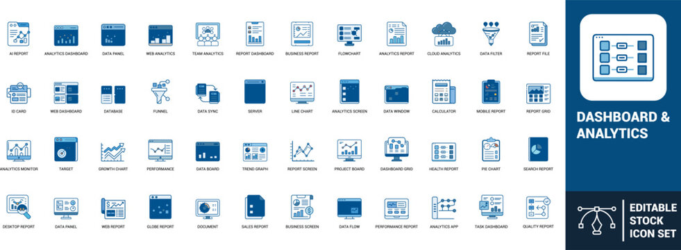 Dashboard analytics line art icons set ai report, data panel, web analytics, business report, flowchart, line chart, pie chart, Web icon, App icon, Outline icon, Editable stroke, line art, Vector EPS