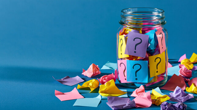 A glass jar filled with colorful sticky notes featuring question marks, with more scattered around it on a blue background representing curiosity and FAQ.