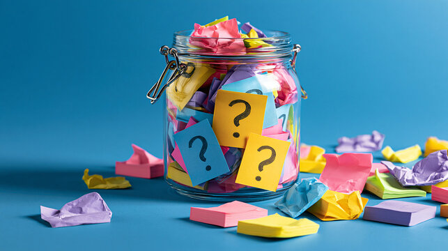 A glass jar filled with colorful sticky notes featuring question marks, with more scattered around it on a blue background representing curiosity and FAQ.