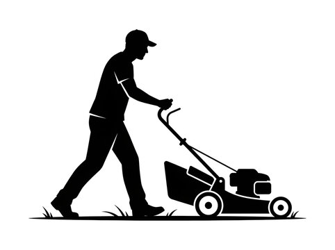 Black silhouette of a man pushing a lawn mower to cut grass in the yard, landscaping icon vector design