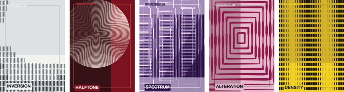 Abstract geometric pattern vector set, halftone circles and maze lines, neon magenta purple yellow backgrounds for design
