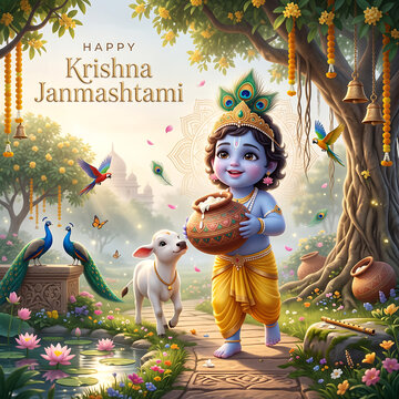 Illustrated celebration of divine child holding pot with sacred cow and peacocks in floral garden with vibrant flowers serene garden setting