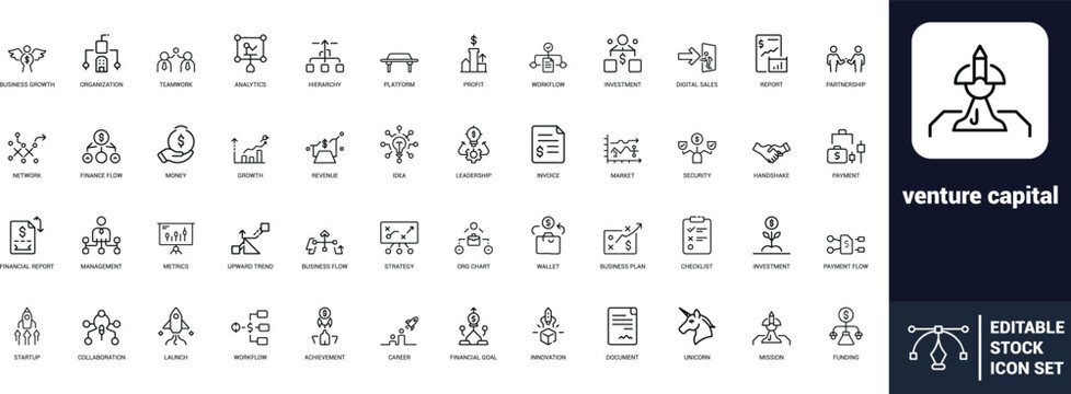 Venture capital startup investment line art icons set startup, funding, profit, growth, business plan, unicorn, financial goal, Web icon, App icon, Outline icon, Editable stroke, line art, Vector EPS