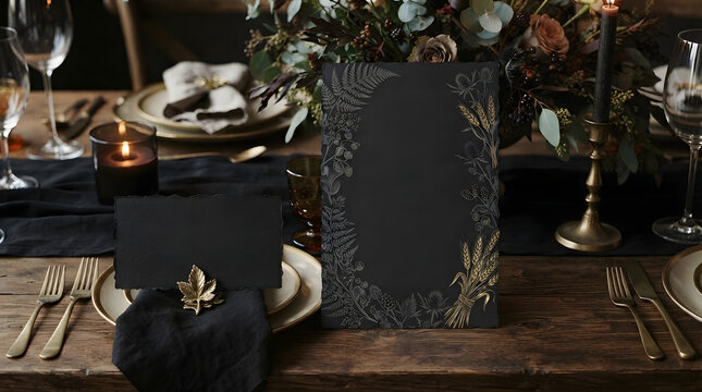Elegant dark wedding table setting with gold foliage menu card, decoration