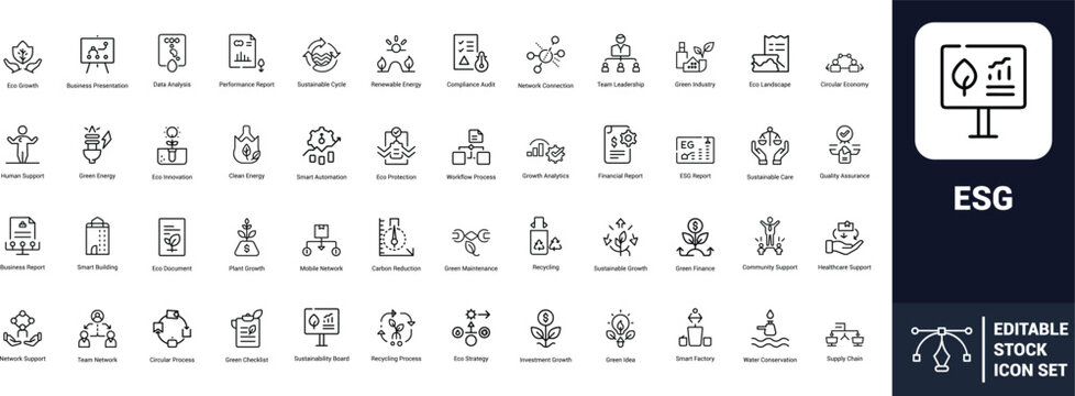 ESG line art icons set eco growth, renewable energy, sustainable cycle, green industry, circular economy, carbon reduction, green finance, Web icon, App icon, Outline icon, Editable stroke, line art, 