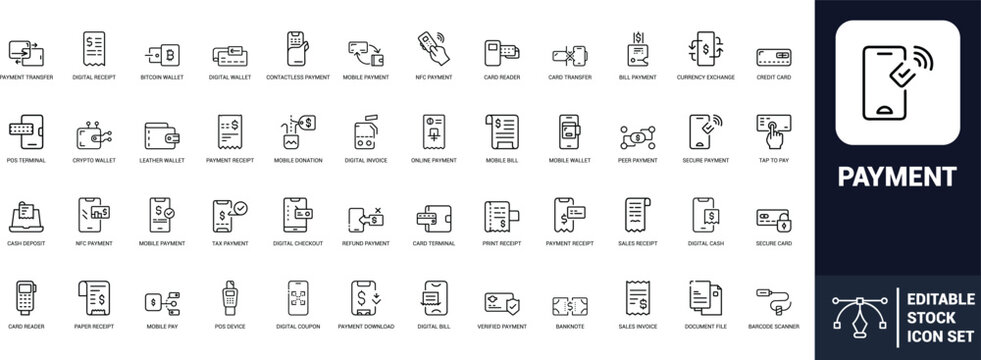 Payment line art icons set mobile payment, digital wallet, credit card, receipt, bitcoin, pos terminal, online payment, cash, Web icon, App icon, Outline icon, Editable stroke, line art, Vector EPS