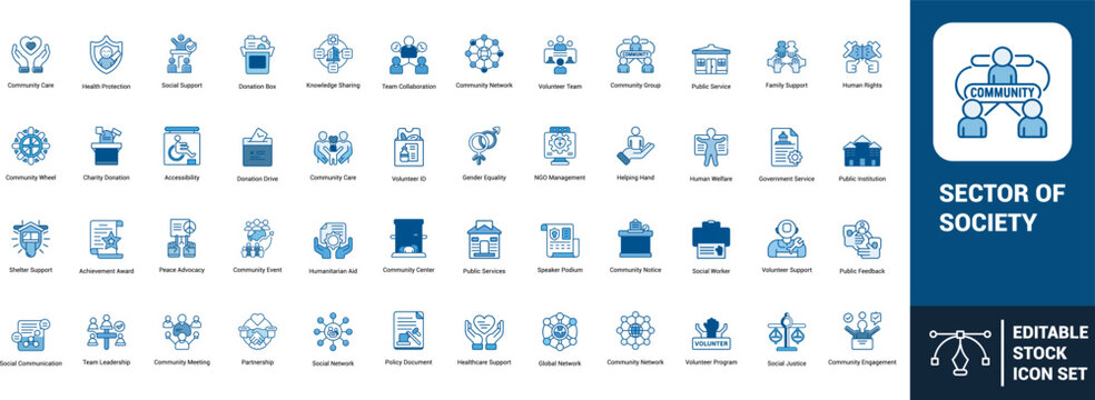 Sector of society line art icons set community care, social support, donation box, volunteer team, public service, family, Web icon, App icon, Outline icon, Editable stroke, line art, Vector EPS