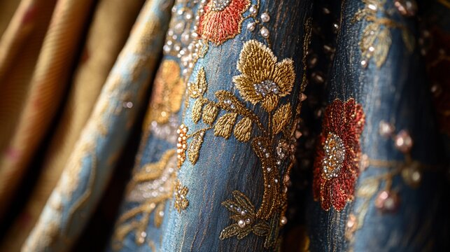Close-up of intricately embroidered fabric with floral and pearl detailing
