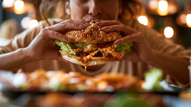 A close-up photo of a woman hungrily eating a large, juicy burger with melted cheese and sauce, capturing fast food, appetite, and indulgence in a restaurant.