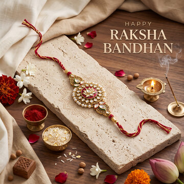 Festive indian raksha bandhan celebration with traditional bracelet with displays detailed Rakhi bracelet ritual bowls wooden surface bracelet flowers