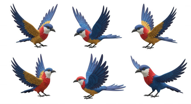 colorful parrots in flight on white backdrop digital art of vibrant birds with outstretched wings for educational or decorative purposes