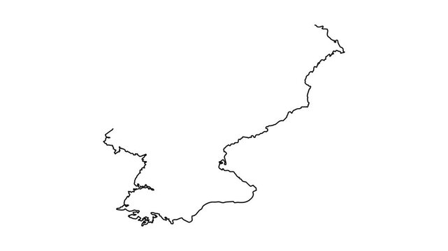 Outline of north korea map self drawing animation, black color on white background.