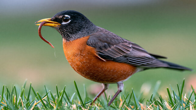 A close-up photo of an American robin holding an earthworm in its beak while standing on green grass, capturing wildlife, feeding behavior, and nature in daylight.