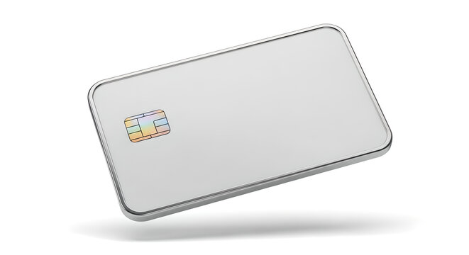 Blank silver smart card with an EMV chip, floating on a white background, ready for personalization.