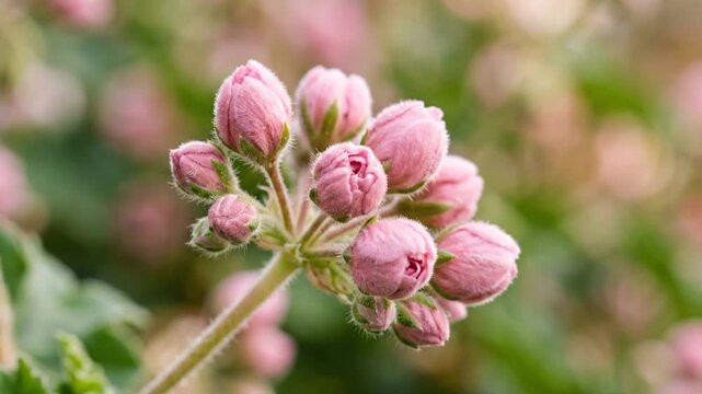 Close up shot of pink geranium flower buds growing in a sunny garden outdoors.