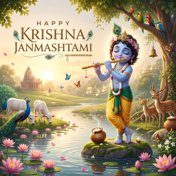 Celebratory young boy playing flute amidst serene nature and festive wildlife for janmashtami greetings with evoking serene festive mood under golden sunset sky
