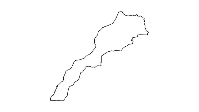 Outline of morocco map appearing and disappearing as continuous hand drawn line animation.
