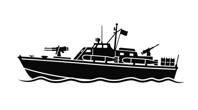 Silhouette of a military patrol boat with machine guns and torpedoes