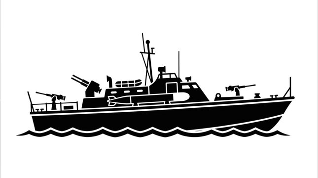 Silhouette of a military patrol boat with cannons on white background