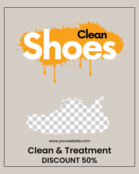 Clean Shoes service poster template, footwear treatment and laundry flyer vector, shoe cleaning discount promotion with orange paint splash