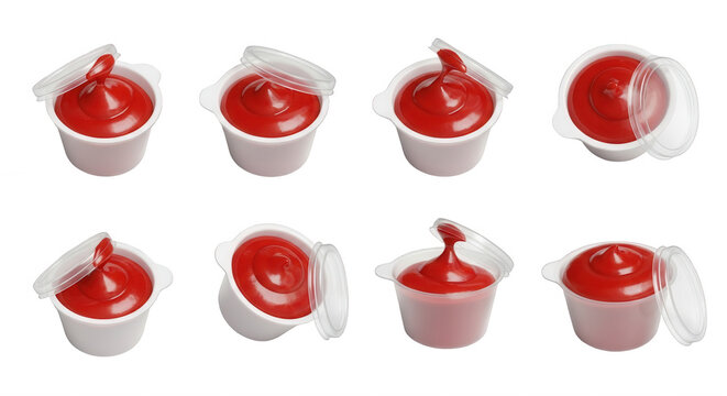 eight tomato ketchup single serve packets lids open on white background for food service or delivery