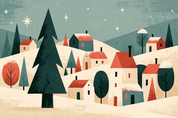 Fototapeta premium Stylized winter village, houses nestled in snow, pine trees, starry night, mid-century aesthetic