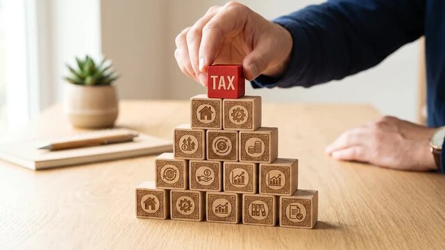 Man placing red wooden TAX block on top of pyramid representing financial planning