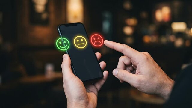Person providing negative service feedback using smartphone app interface