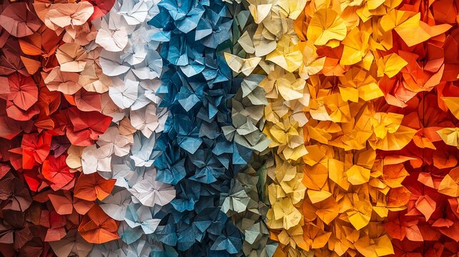Abstract arrangement of origami flowers in warm and cool colors to add an artistic touch