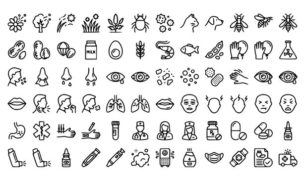 Set of allergy and medical icons representing symptoms triggers diagnosis and treatment options in hand drawn style