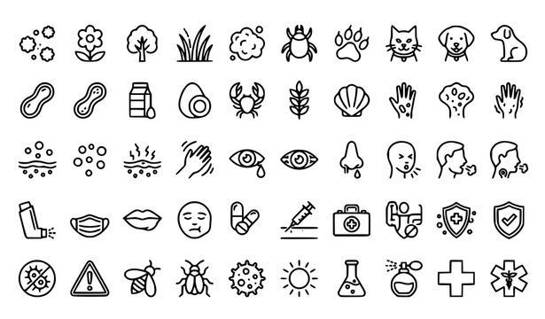 Set of hand drawn allergy and medical icons representing symptoms triggers and treatment options for health care