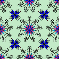 Obraz premium Seamless floral mandala pattern vector ornament with hand drawn flowers for background, textile, wallpaper, wrapping paper design