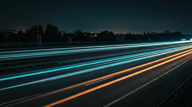 Time lapse of glowing light trails from night highway traffic.