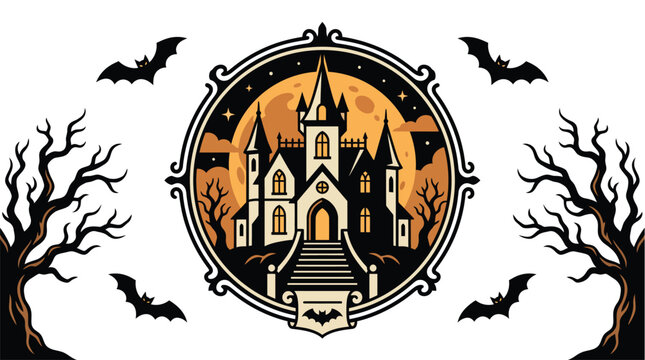 Spooky haunted castle with bats and dead trees for halloween night