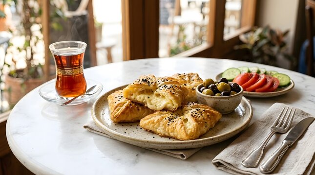 Traditional Breakfast Set with Cheese Pastries Olives Fresh Vegetables and Glass of Hot Tea