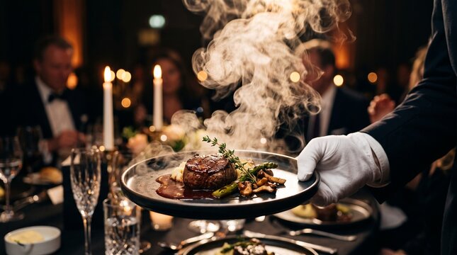 Elegant fine dining dinner with steam rising from gourmet dish. Luxury restaurant meal served on silver platter with candlelight ambiance.